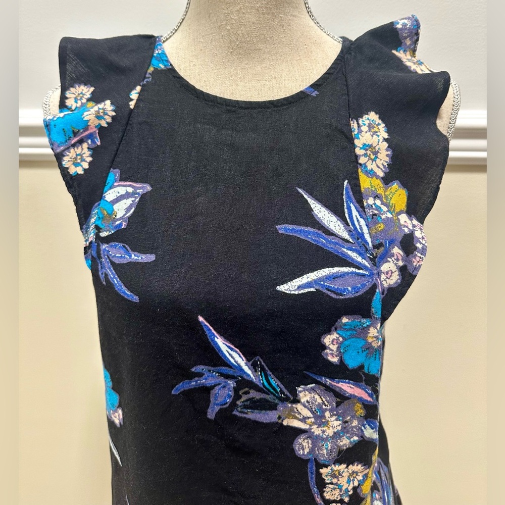 Free People Mini Dress L Black Floral Ruffled Drop Waist Tie Back Cottage Boho - Picture 3 of 10